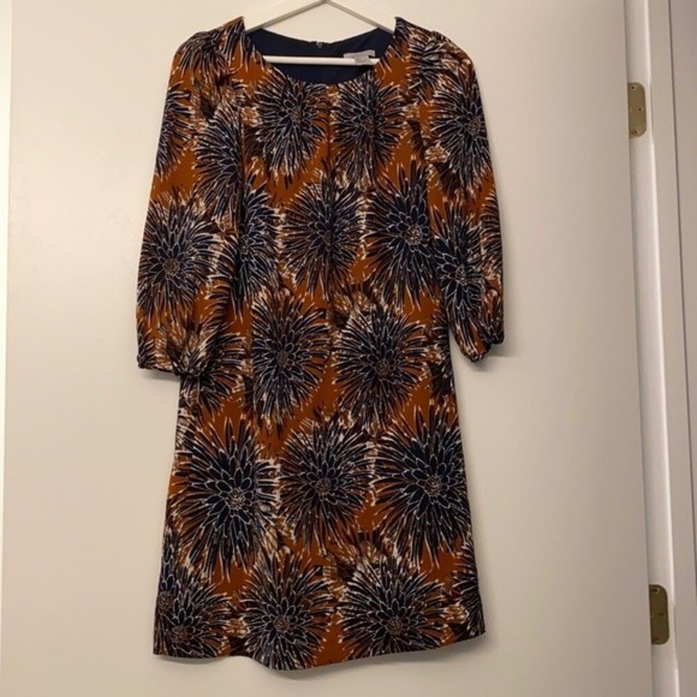 H&M Dress Tan Brown Flower Print Abstract Shift Burnt Sienna Navy Blue Mini 4